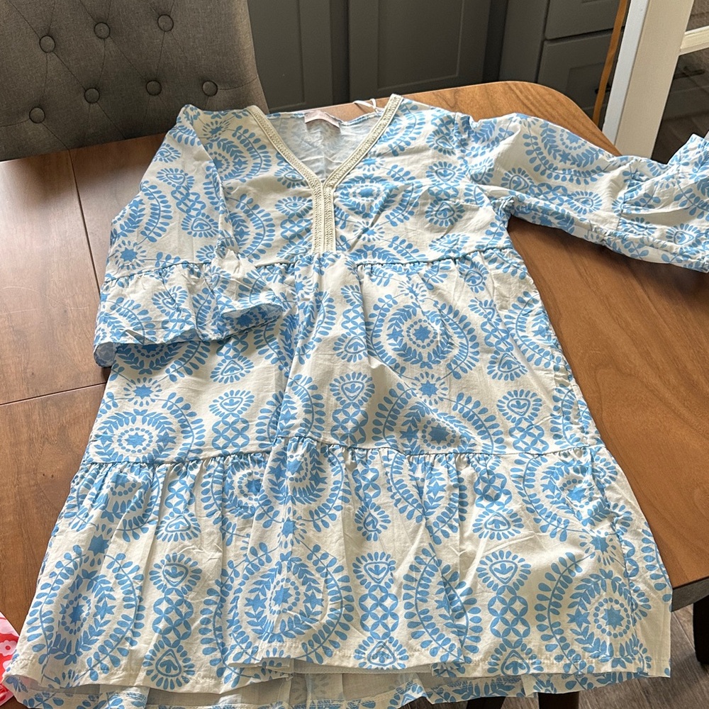 Light Blue and White Printed V-Neck Tunic Dress